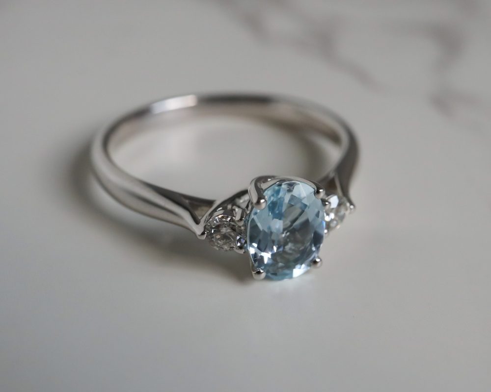 Vintage style aquamarine and diamond three stone ring in 9ct white gold for sale in Leeds, Yorkshire