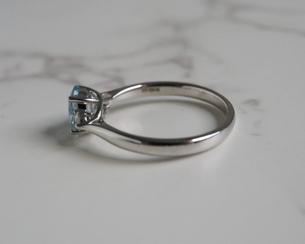 Vintage style aquamarine and diamond three stone ring in 9ct white gold for sale in Leeds, Yorkshire