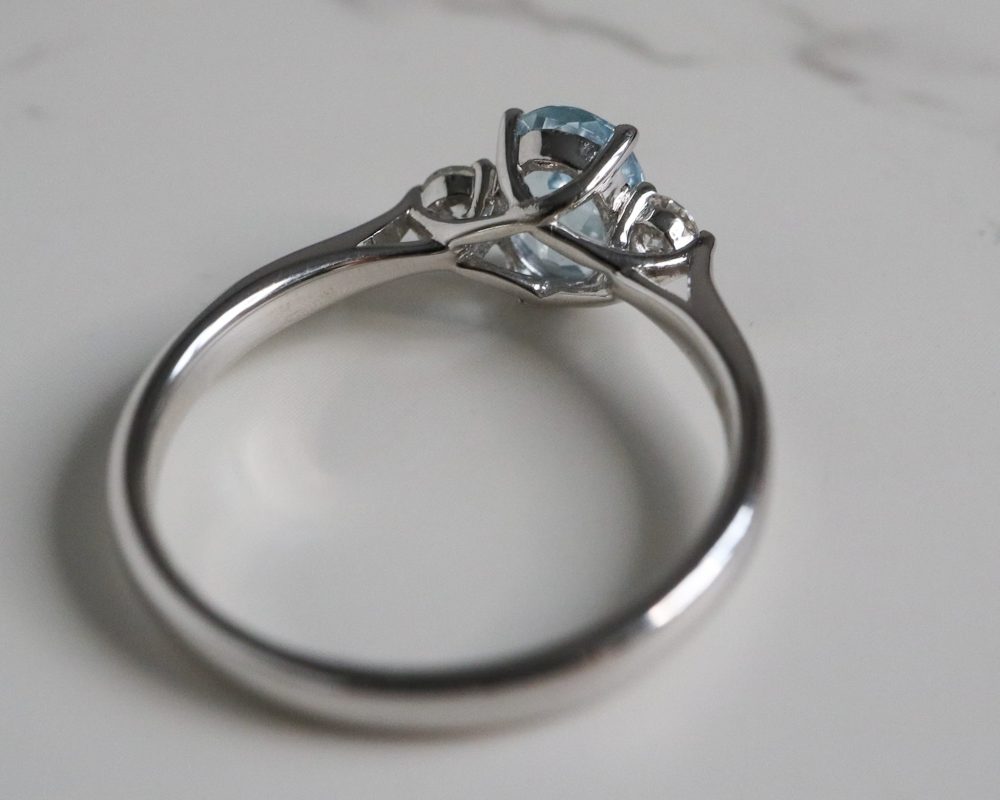 Vintage style aquamarine and diamond three stone ring in 9ct white gold for sale in Leeds, Yorkshire