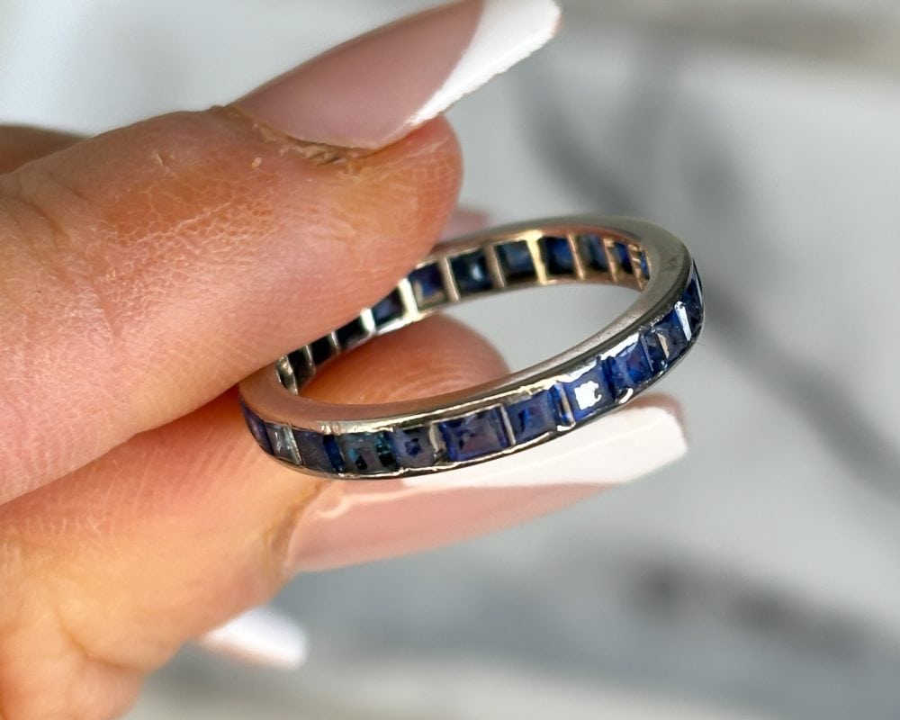 Antique Art Deco sapphire eternity ring in platinum for sale in Leeds, Yorkshire