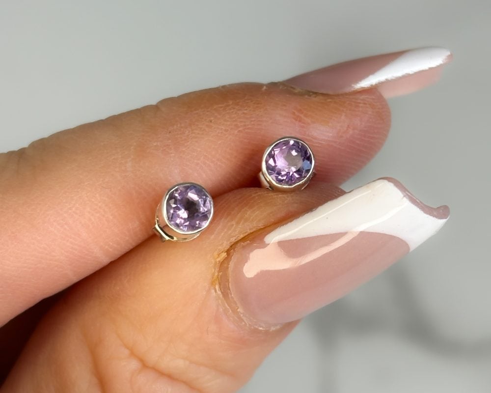 Silver and amethyst stud earrings for pierced ears