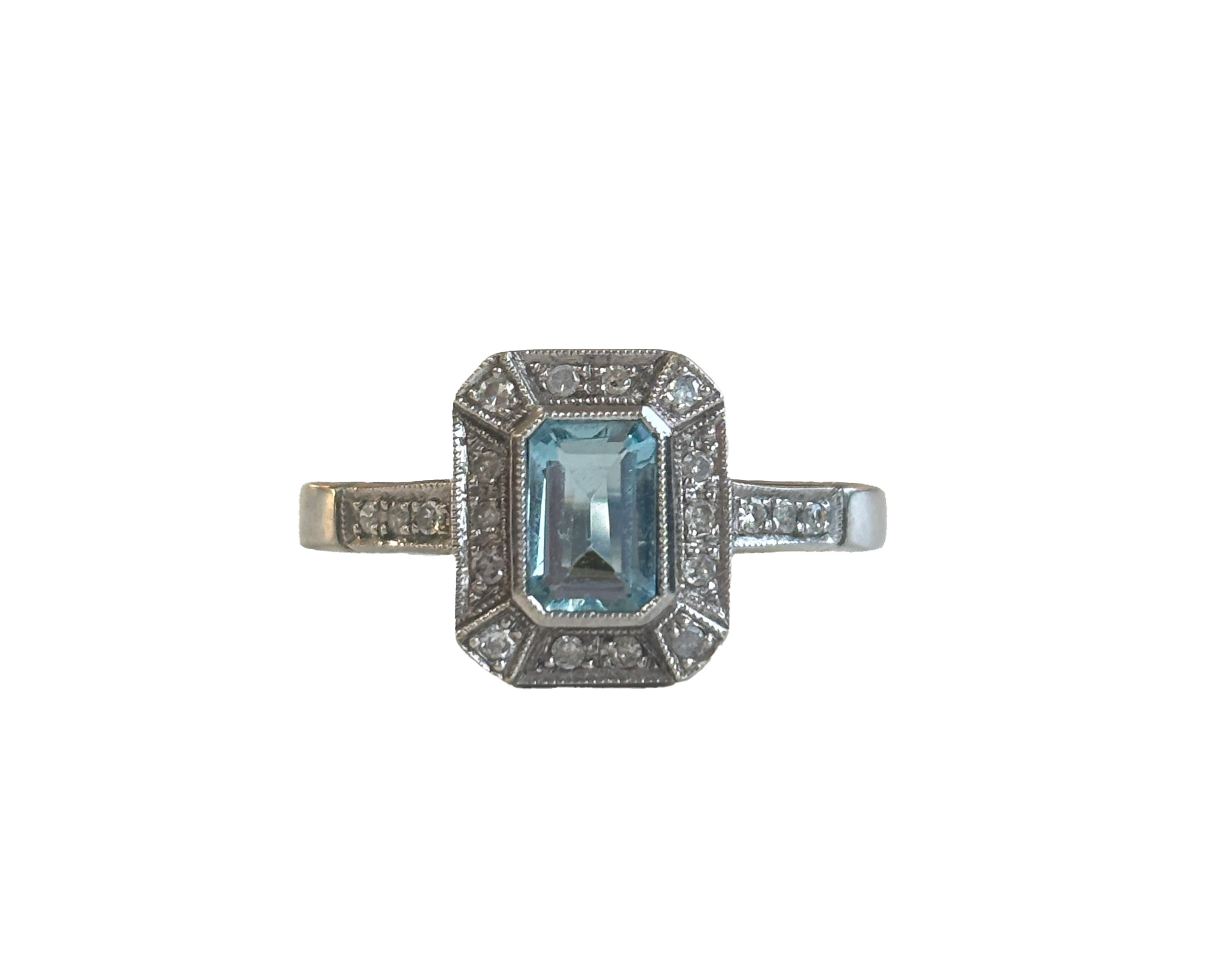 art deco style aquamarine and diamond ring for sale in Leeds, UK