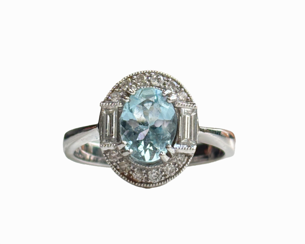 vintage style aquamarine and diamond halo ring for sale