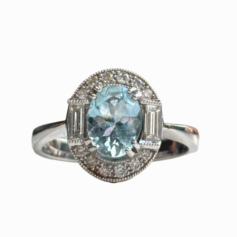 vintage style aquamarine and diamond halo ring for sale