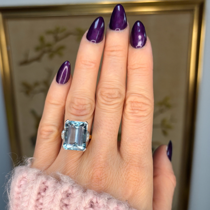 Antique Art Deco aquamarine and diamond ring for sale in leeds, 12ct aqua. shown on woman's hand