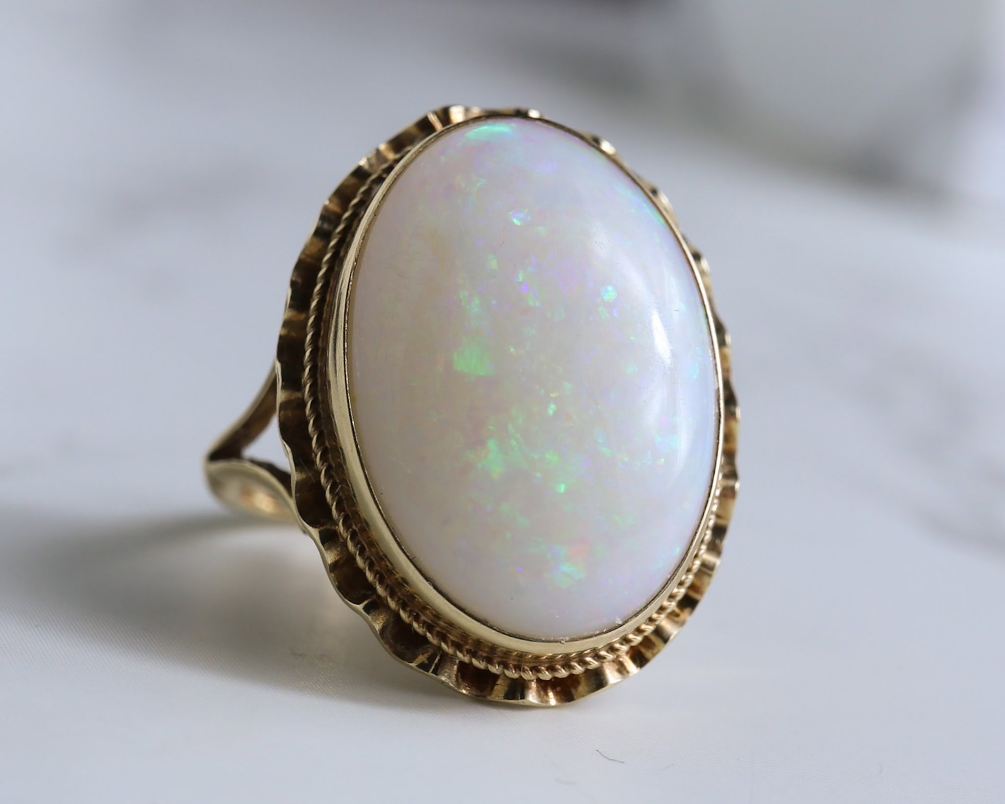 Vintage oval opal dress ring in 9ct yellow gold for sale in Leeds, Yorkshire