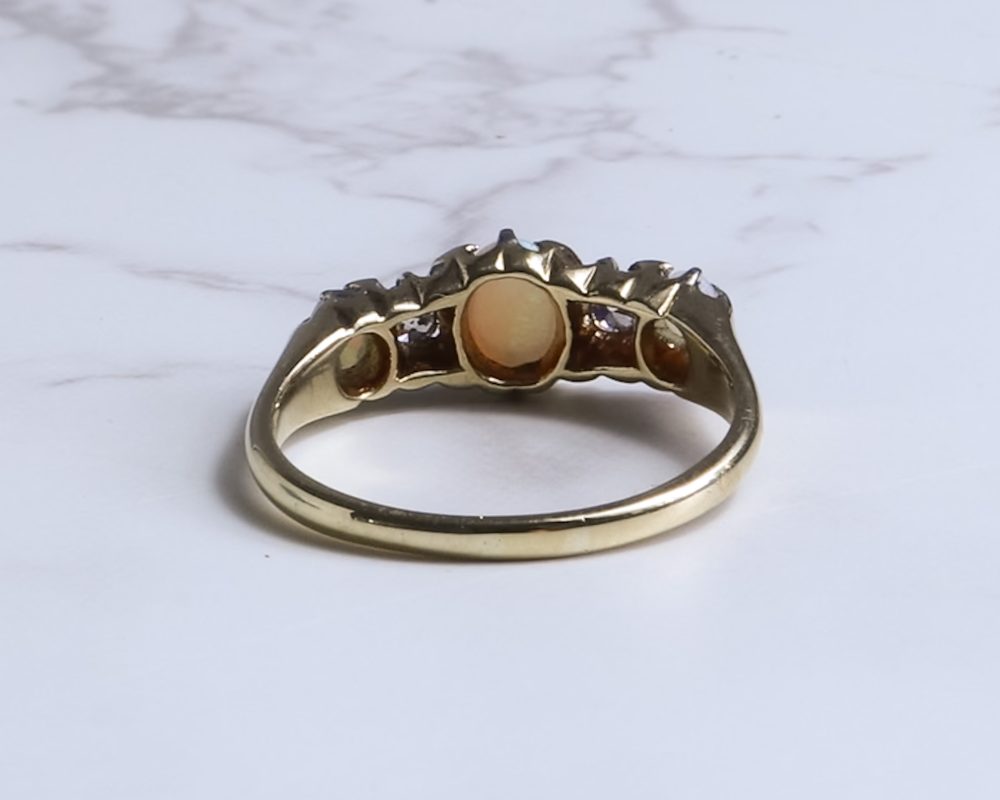 Antique Edwardian opal and diamond five stone ring in 18ct yellow gold for sale in Leeds, Yorkshire