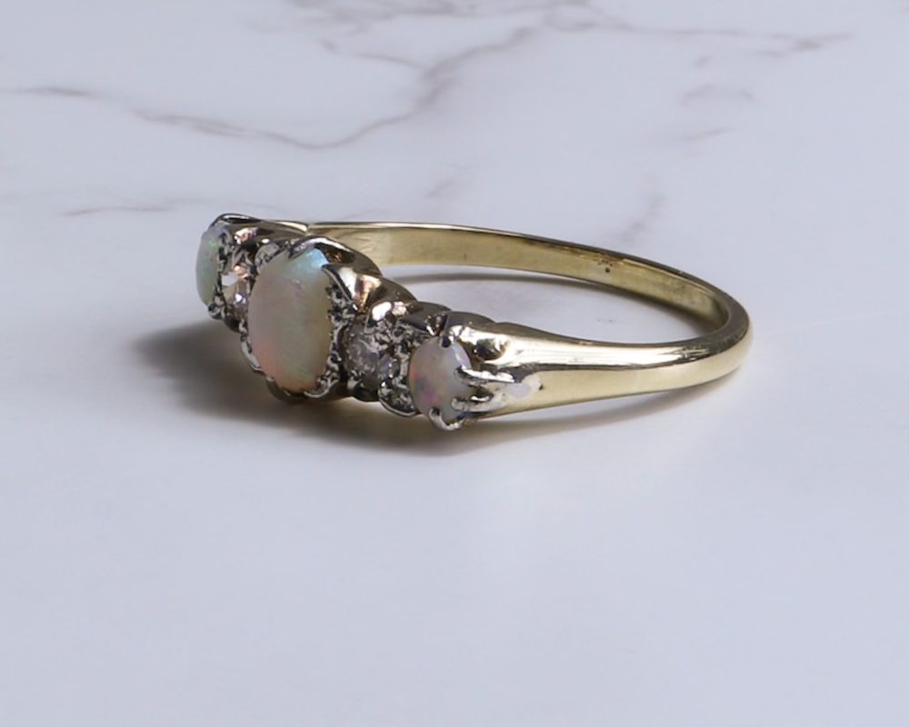 Antique Edwardian opal and diamond five stone ring in 18ct yellow gold for sale in Leeds, Yorkshire