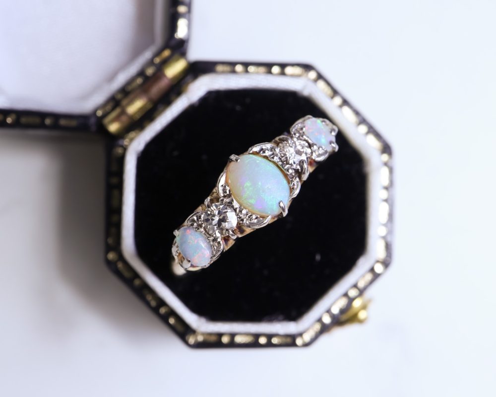 Antique Edwardian opal and diamond five stone ring in 18ct yellow gold for sale in Leeds, Yorkshire
