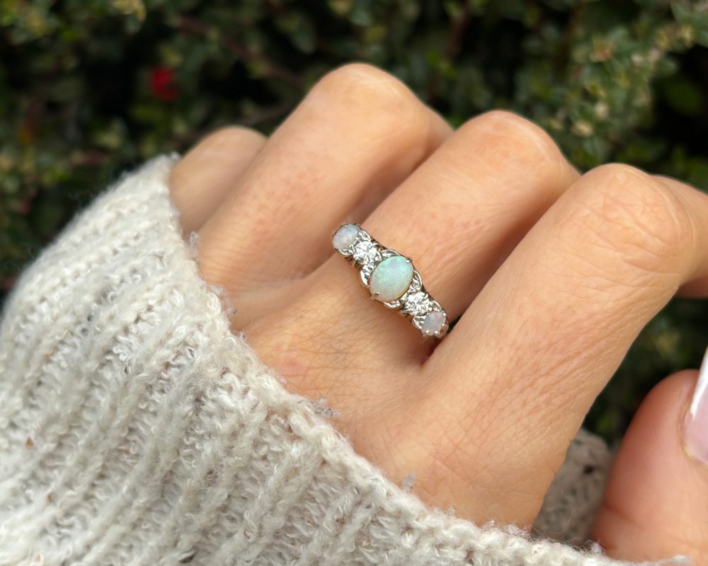 Antique Edwardian opal and diamond five stone ring in 18ct yellow gold for sale in Leeds, Yorkshire