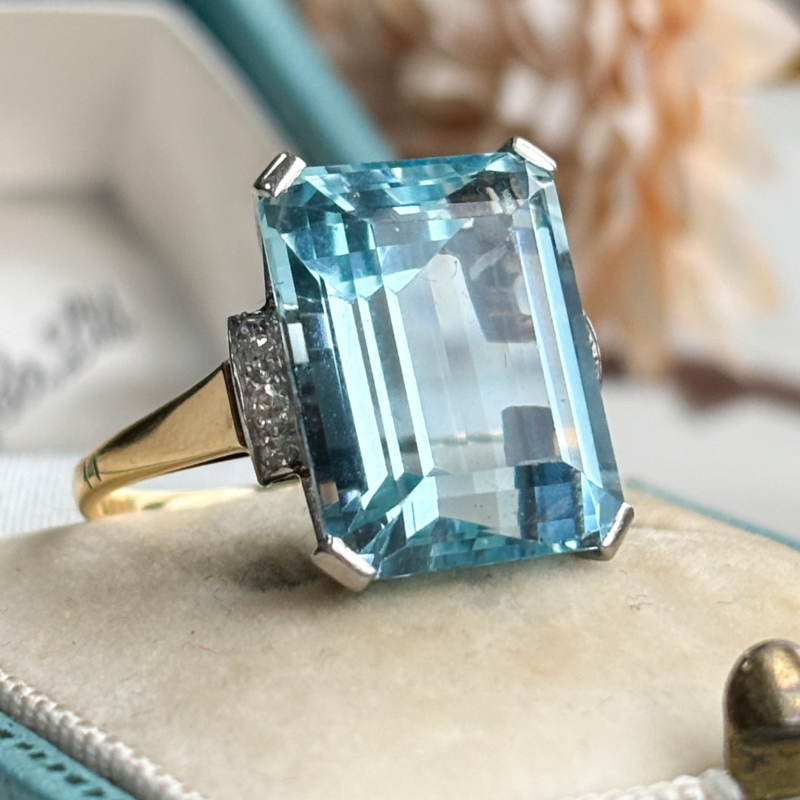 Antique Art Deco aquamarine and diamond ring for sale in leeds, 12ct aqua