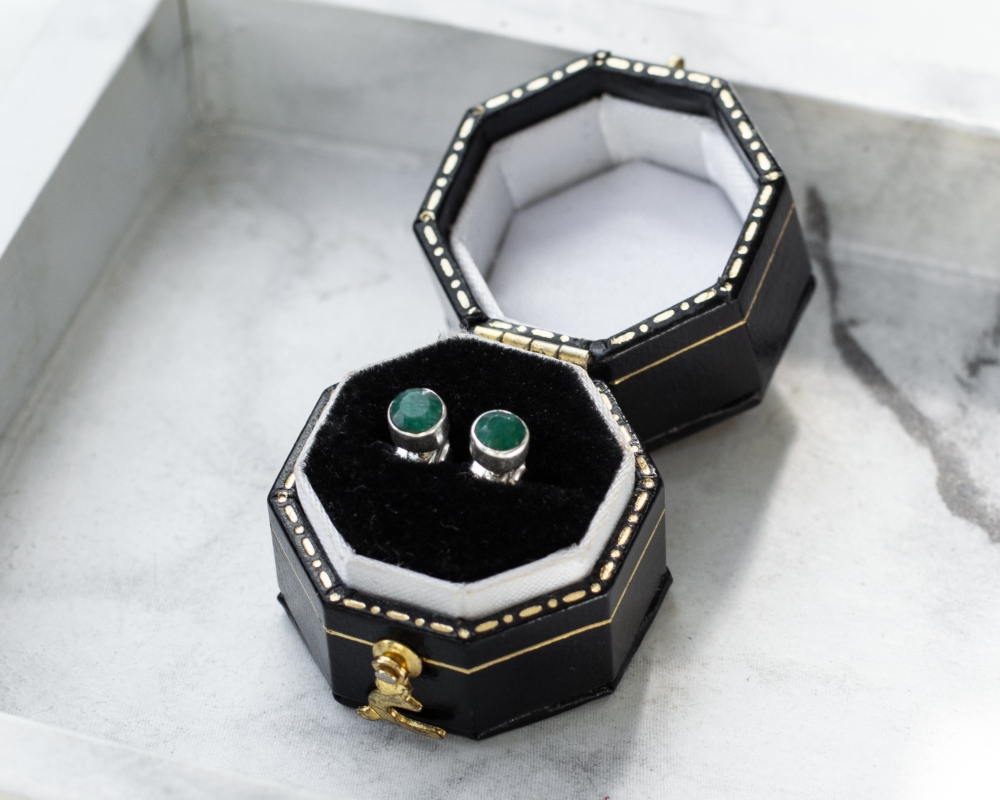 modern silver and emerald cabochon stud earrings for sale
