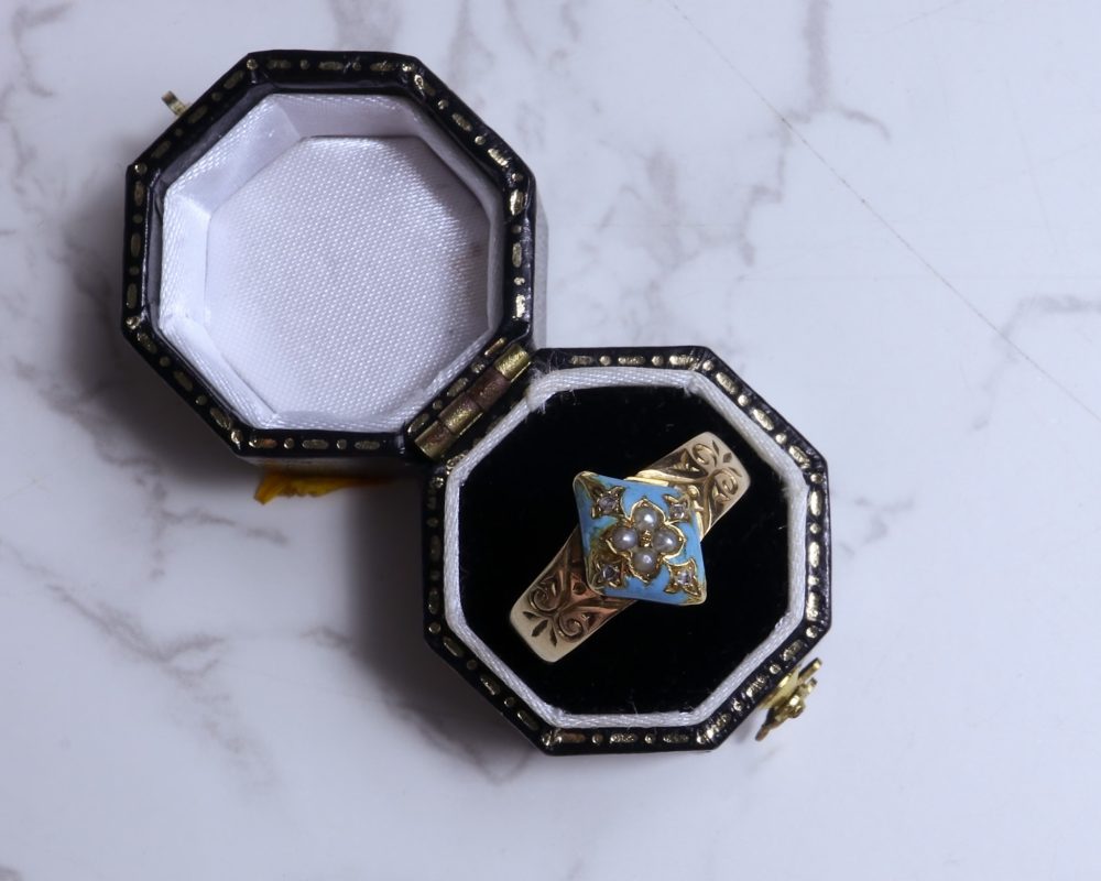 Victorian 18ct gold, enamel, diamond and seed pearl ring for sale in Leeds, Yorkshire