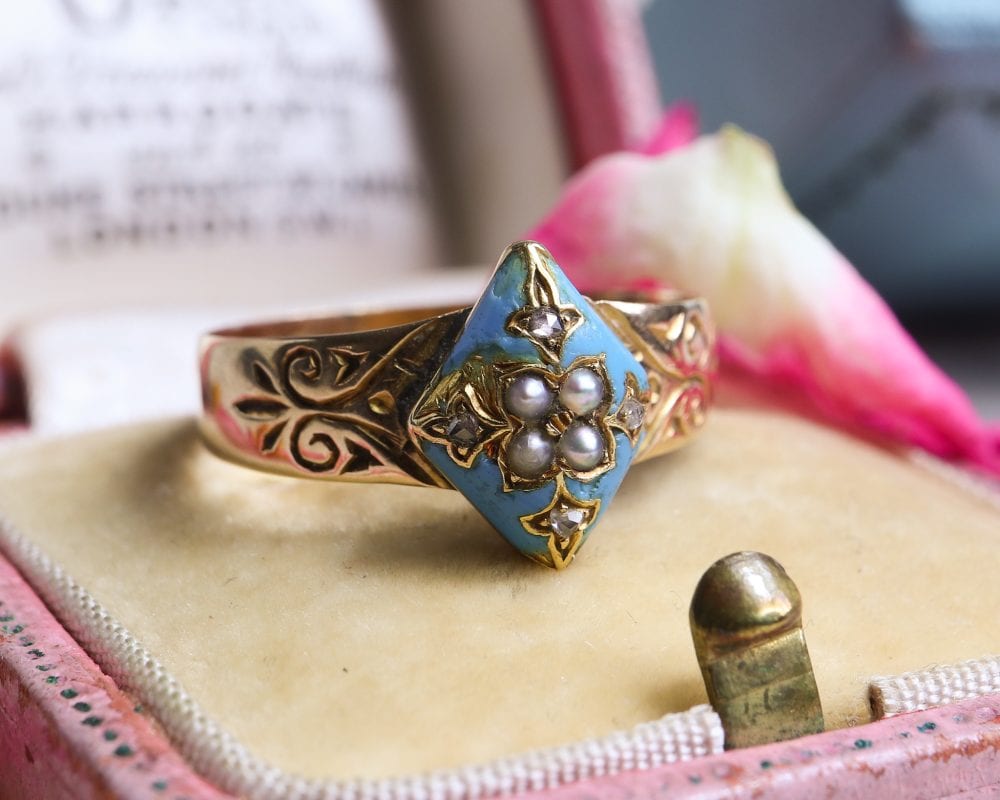 Victorian 18ct gold, enamel, diamond and seed pearl ring for sale in Leeds, Yorkshire