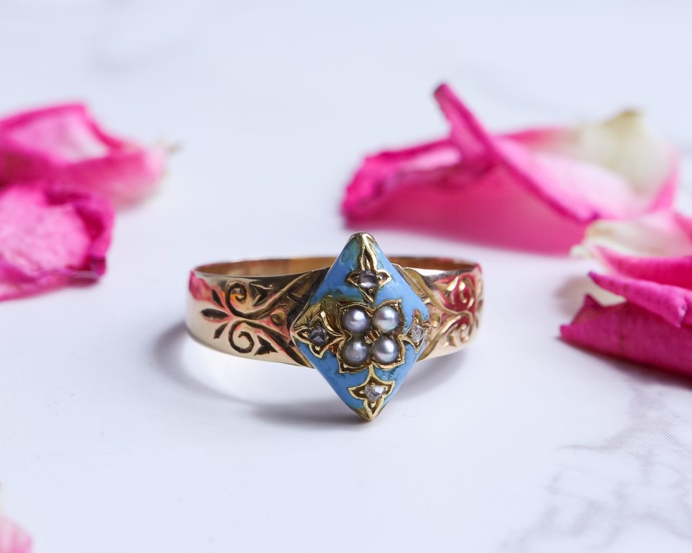Victorian 18ct gold, enamel, diamond and seed pearl ring for sale in Leeds, Yorkshire