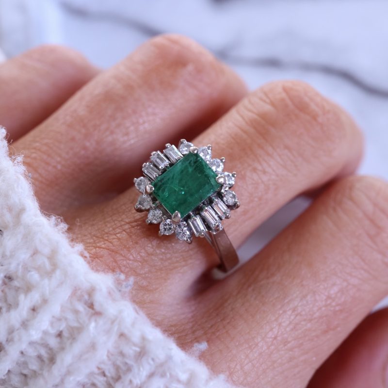 Vintage emerald and diamond cluster ring in 14ct white gold for sale in Leeds, Yorkshire