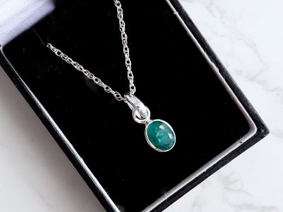 Silver and emerald oval pendant on an 18 inch silver chain for sale in Leeds, Yorkshire