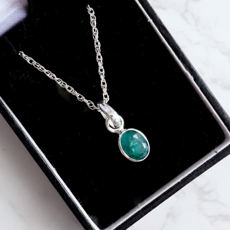 Silver and emerald oval pendant on an 18 inch silver chain for sale in Leeds, Yorkshire