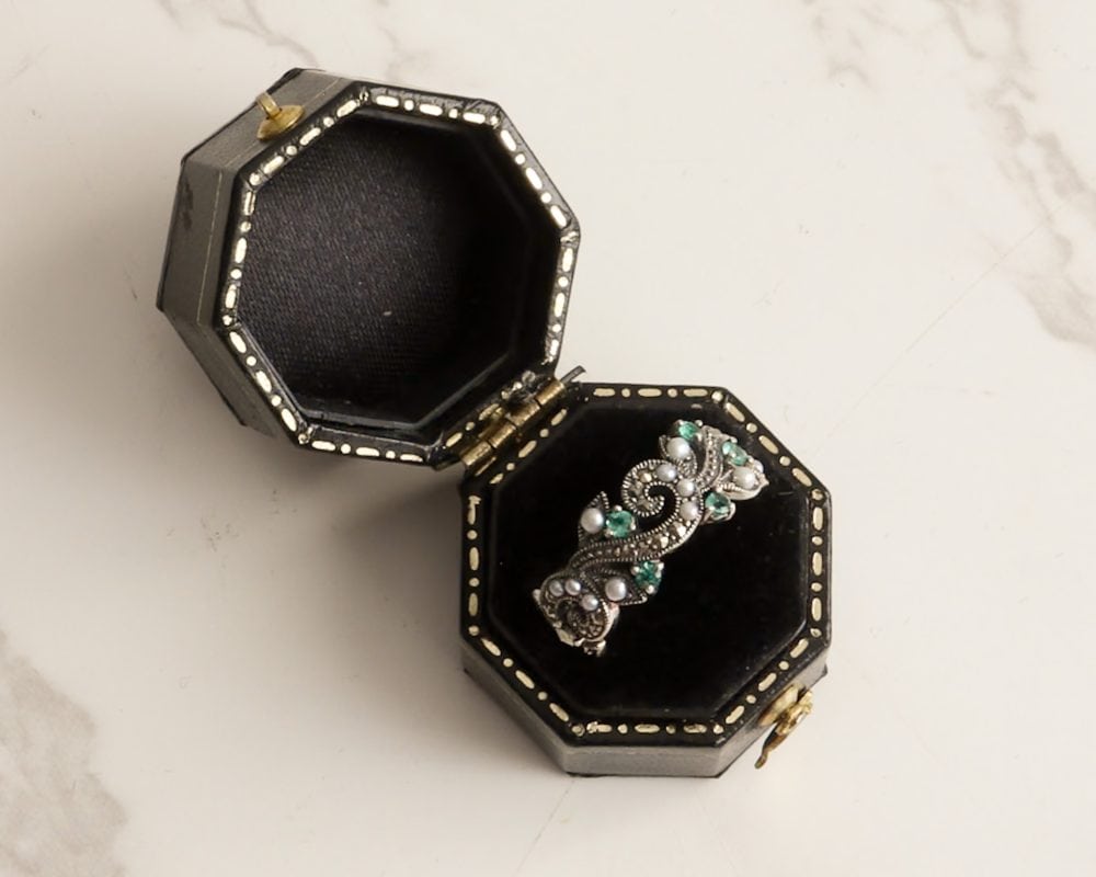 Vintage style silver, emerald and marcasite ring for sale in Leeds, Yorkshire
