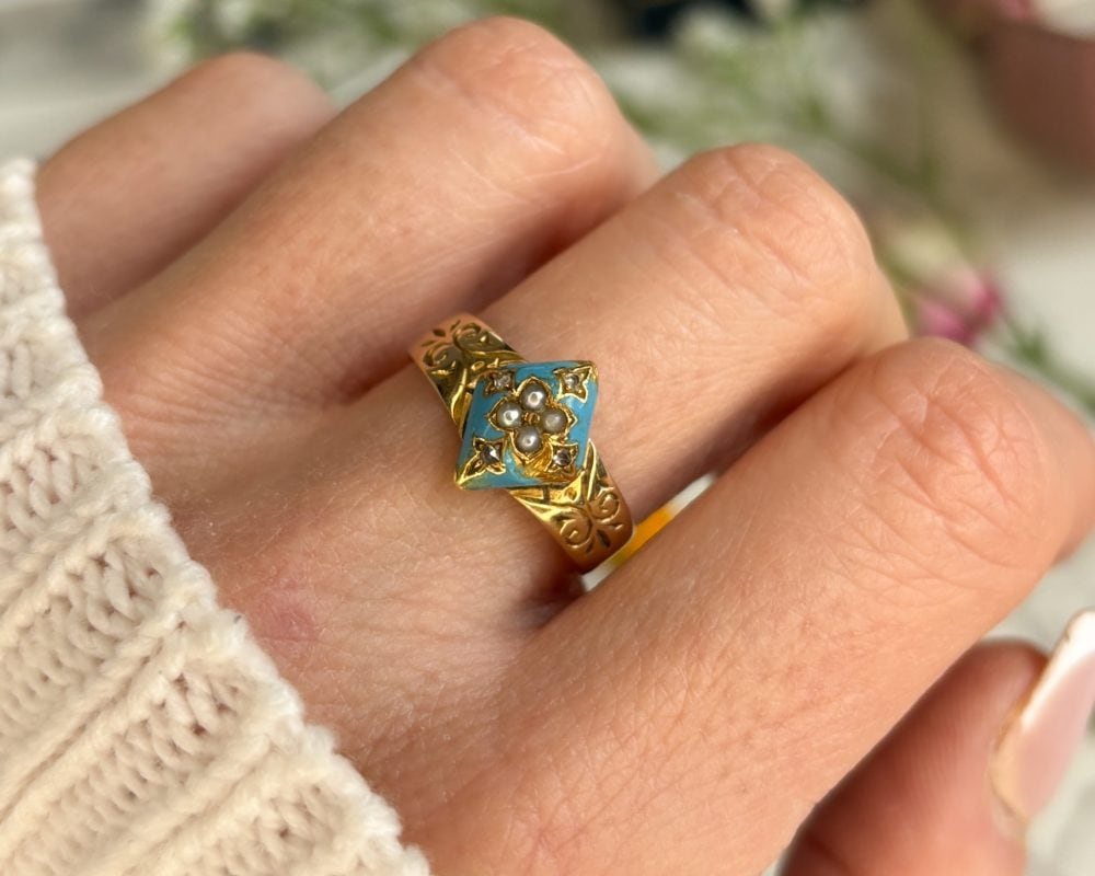 Victorian 18ct gold, enamel, diamond and seed pearl ring for sale in Leeds, Yorkshire