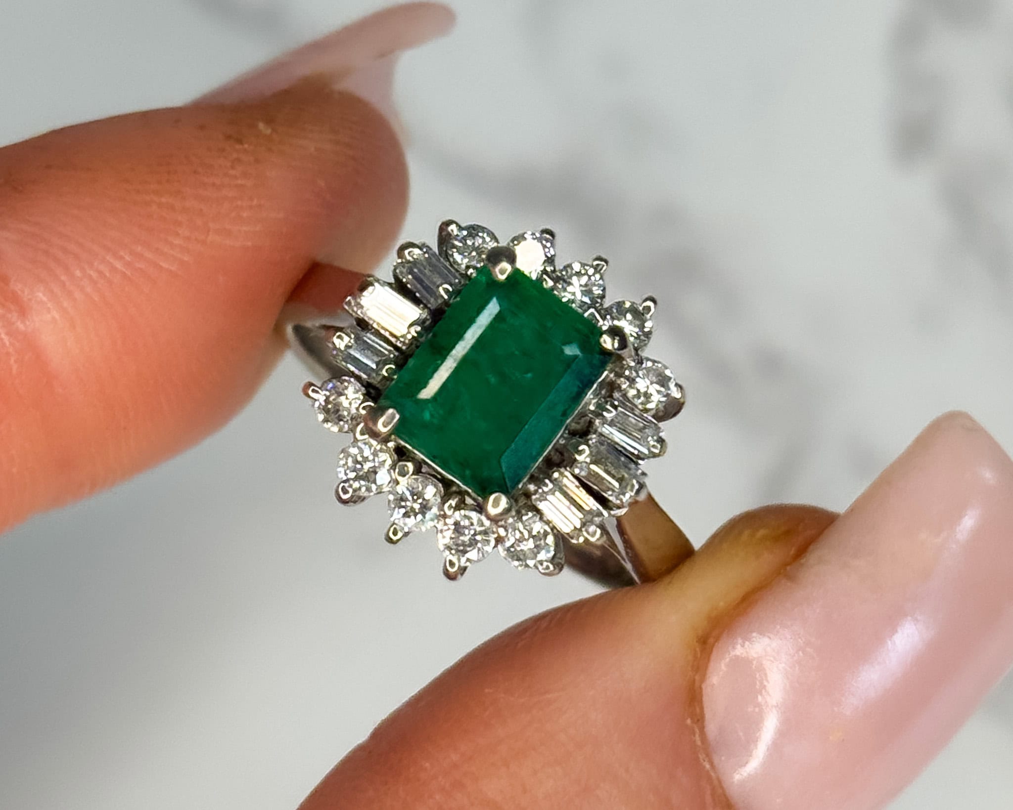 Vintage emerald and diamond cluster ring in 14ct white gold for sale in Leeds, Yorkshire