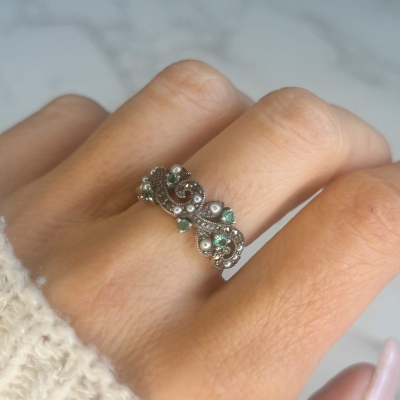 Vintage style silver, emerald and marcasite ring for sale in Leeds, Yorkshire