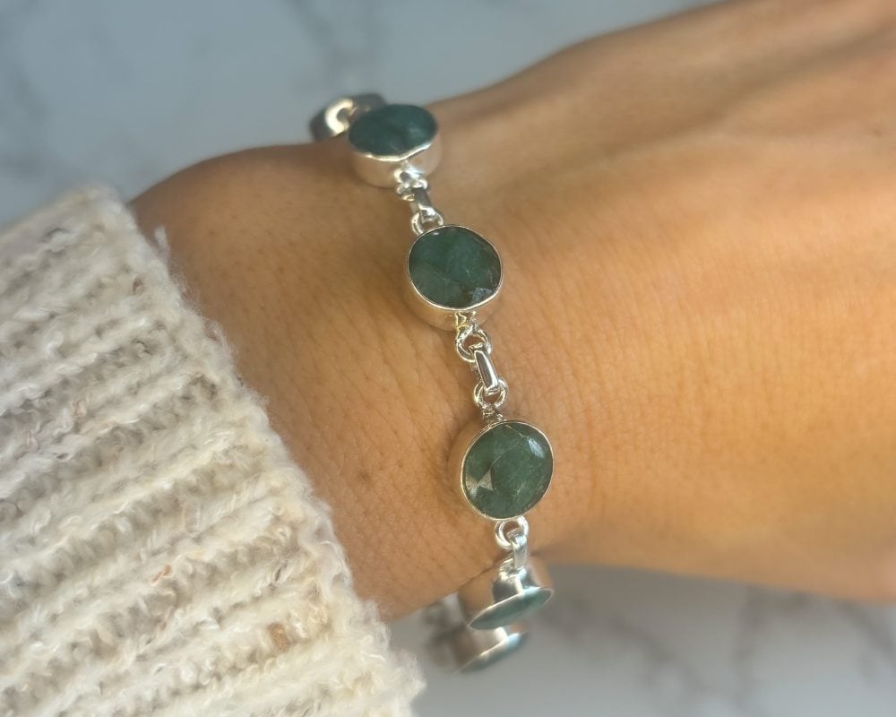Silver and emerald round link bracelet for sale in Leeds, Yorkshire