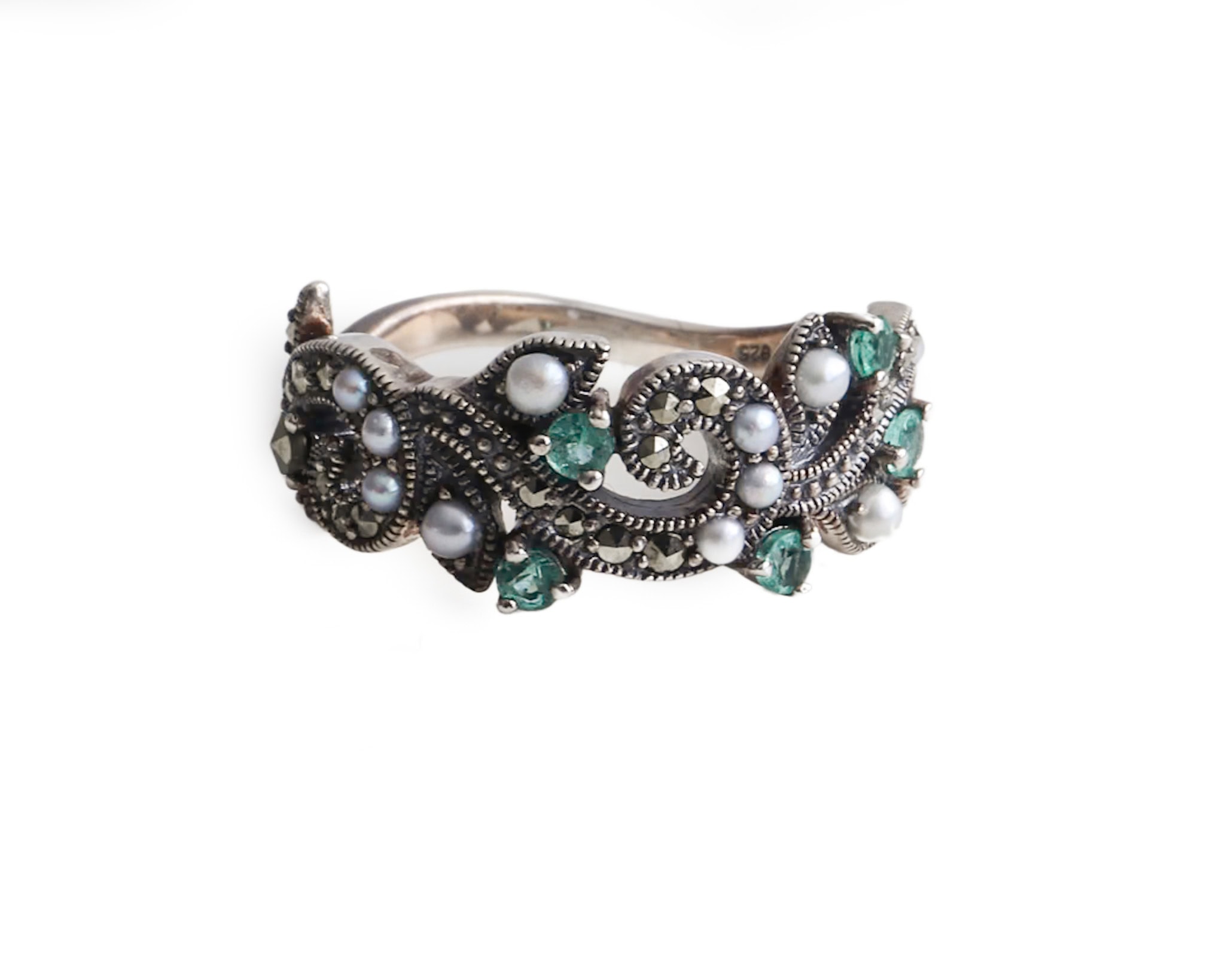 Vintage style silver, emerald and marcasite ring for sale in Leeds, Yorkshire