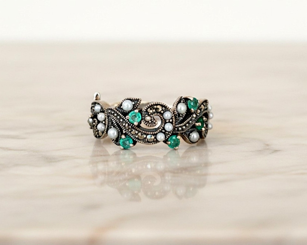 vintage style silver emerald ring with marcasite and seed pearl stones for sale in Leeds