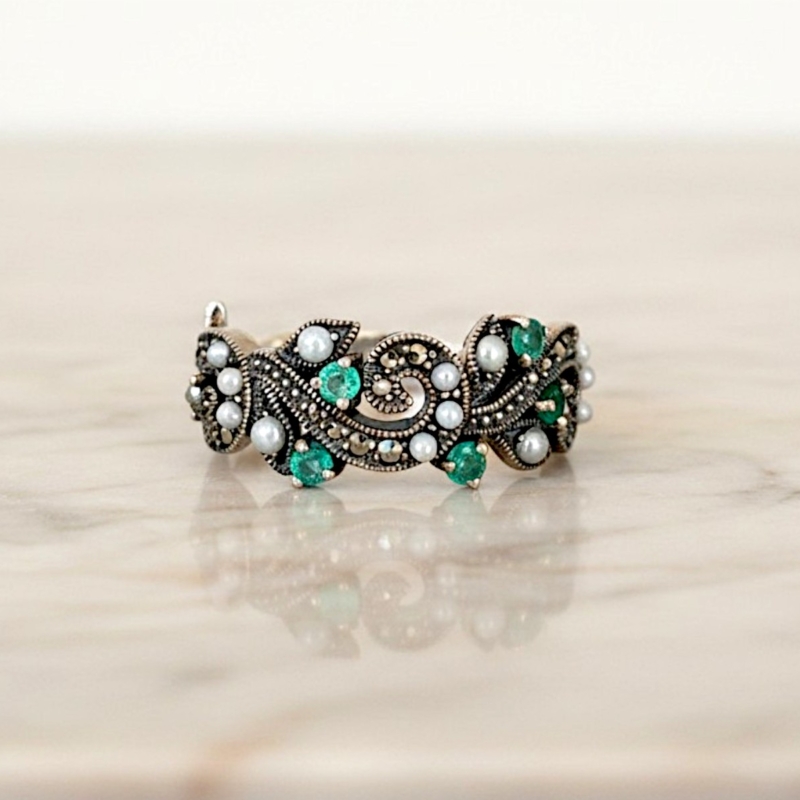 vintage style silver emerald ring with marcasite and seed pearl stones for sale in Leeds