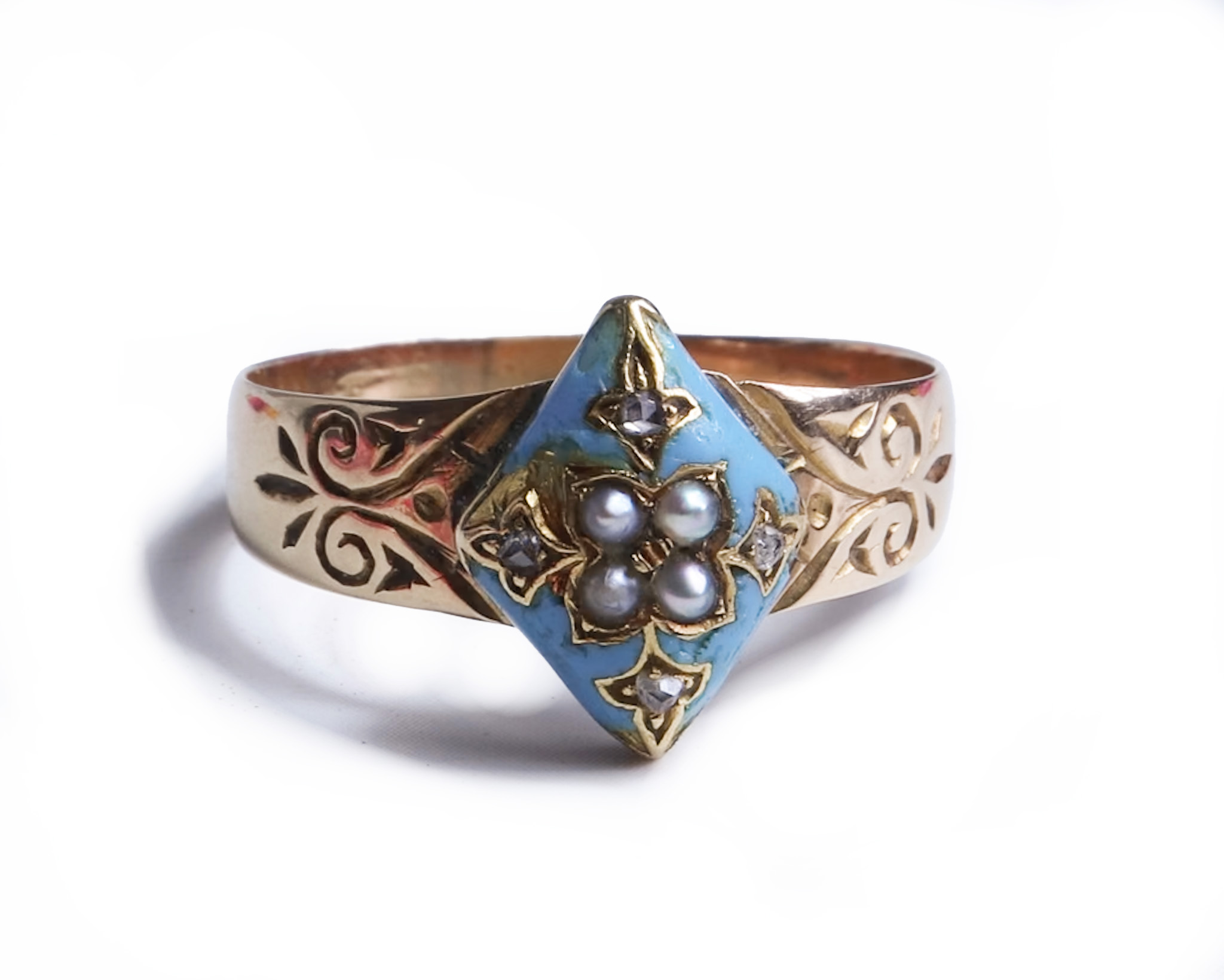 Victorian 18ct gold, enamel, diamond and seed pearl ring for sale in Leeds, Yorkshire