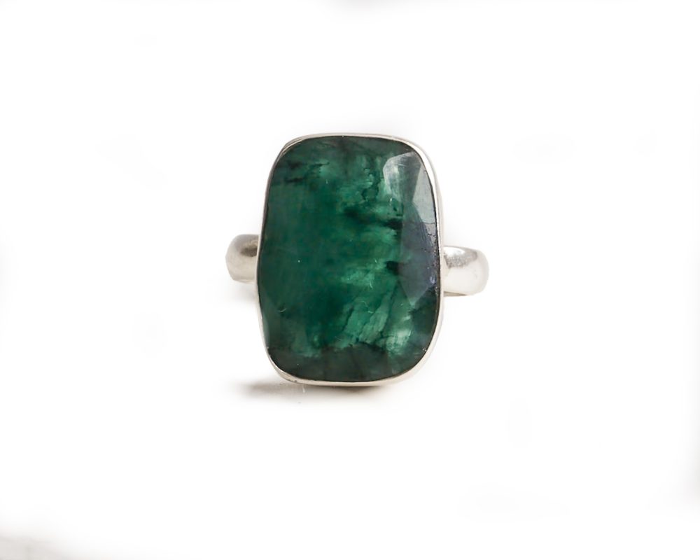 Silver and emerald ring lozenge shaped ring for sale in Leeds, Yorkshire