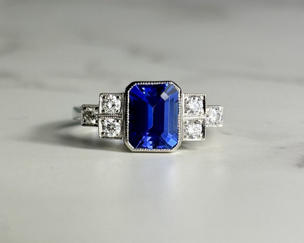 Art Deco style tanzanite and diamond ring in platinum for sale in Leeds, Yorkshire