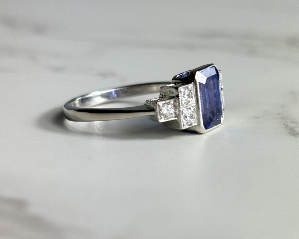 Art Deco style tanzanite and diamond ring in platinum for sale in Leeds, Yorkshire