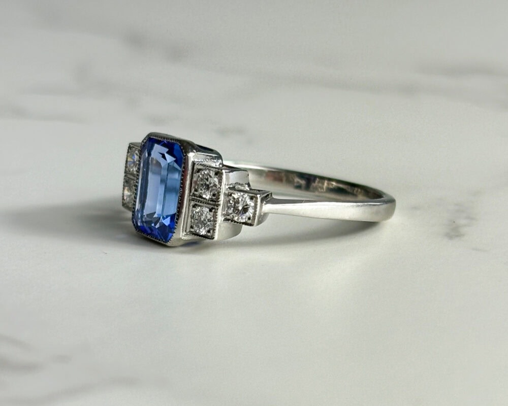 Art Deco style tanzanite and diamond ring in platinum for sale in Leeds, Yorkshire