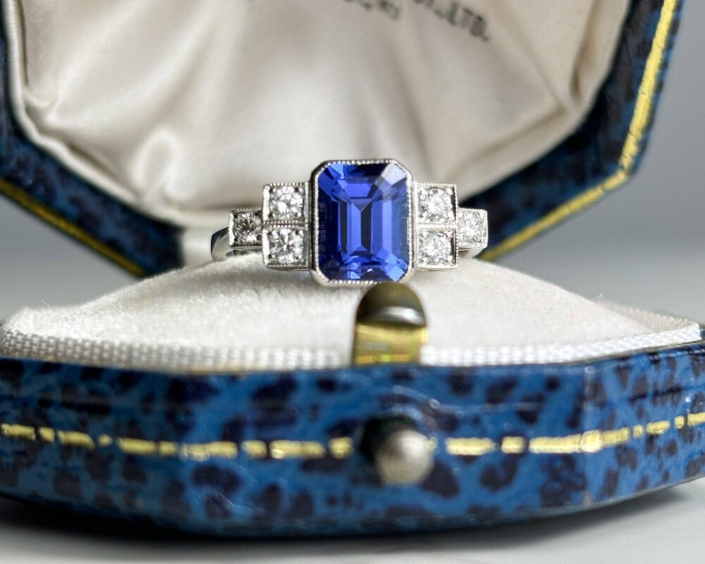 Art Deco style tanzanite and diamond ring in platinum for sale in Leeds, Yorkshire
