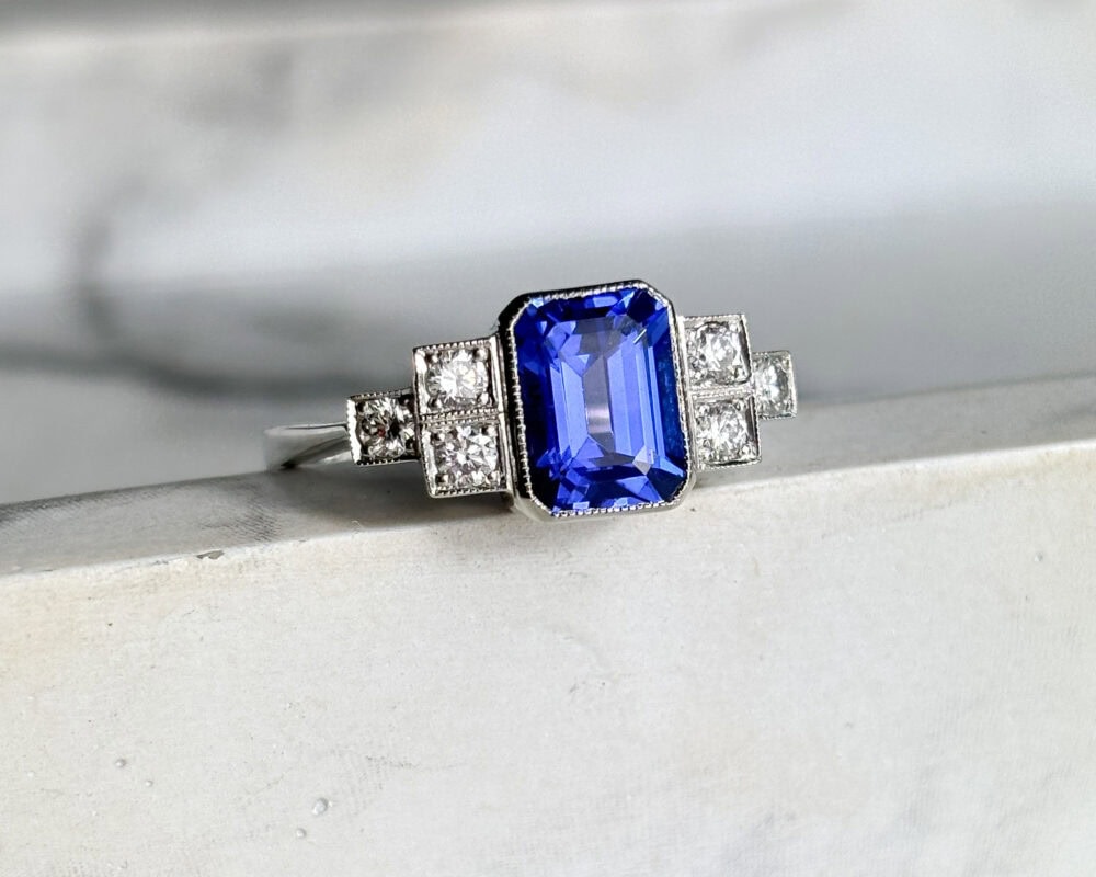 Art Deco style tanzanite and diamond ring in platinum for sale in Leeds, Yorkshire