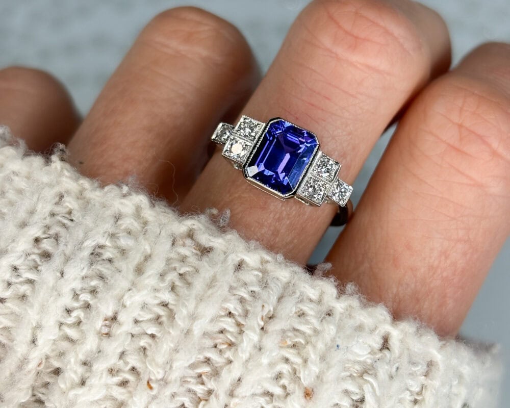 Art Deco style tanzanite and diamond ring in platinum for sale in Leeds, Yorkshire