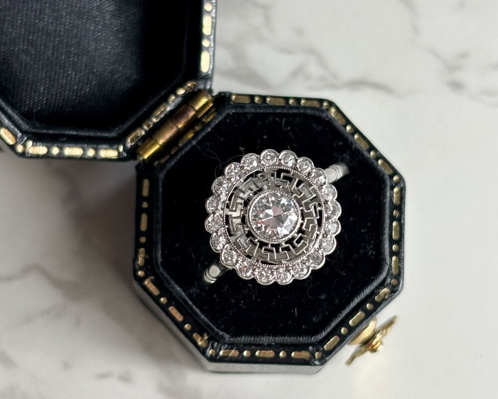 Antique Art Deco diamond ring with Greek key pattern in platinum for sale in Leeds, Yorkshire