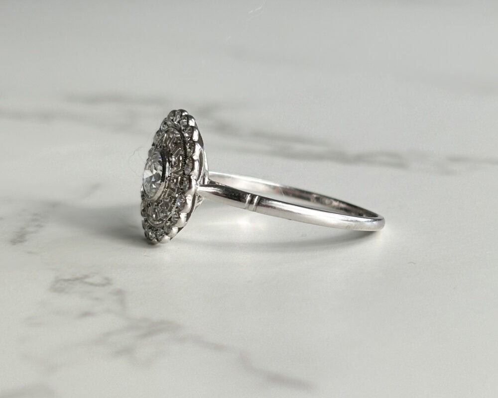 Antique Art Deco diamond ring with Greek key pattern in platinum for sale in Leeds, Yorkshire