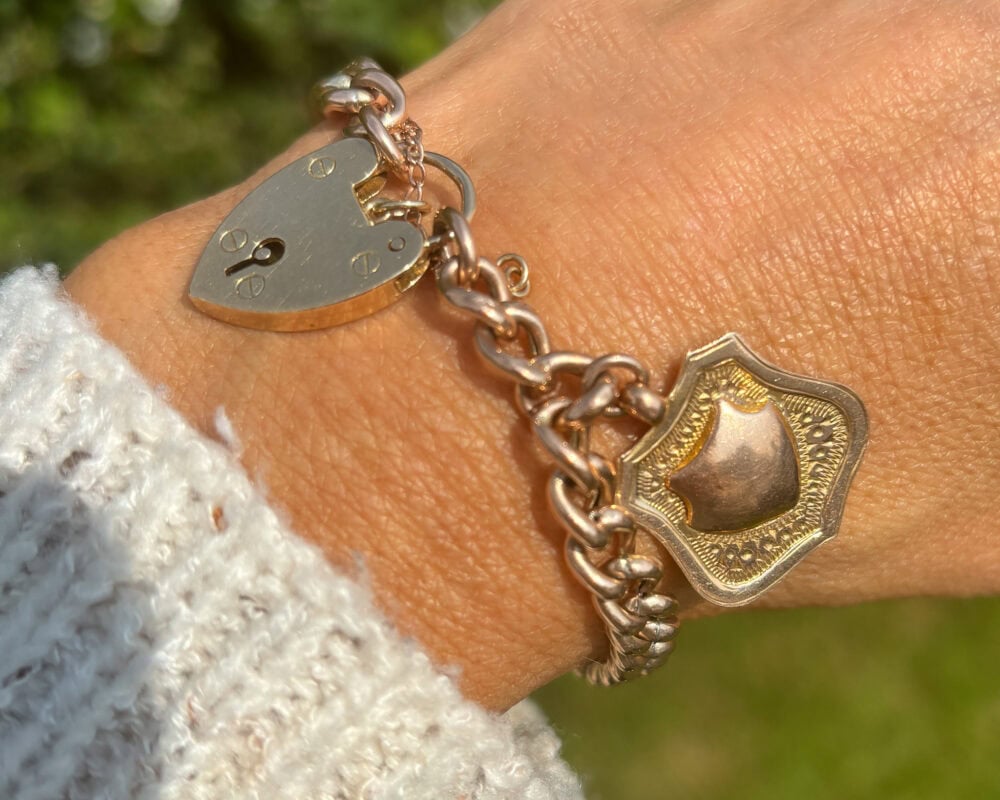 Antique Edwardian 9ct rose gold curb bracelet with shield charm for sale in Leeds, Yorkshire
