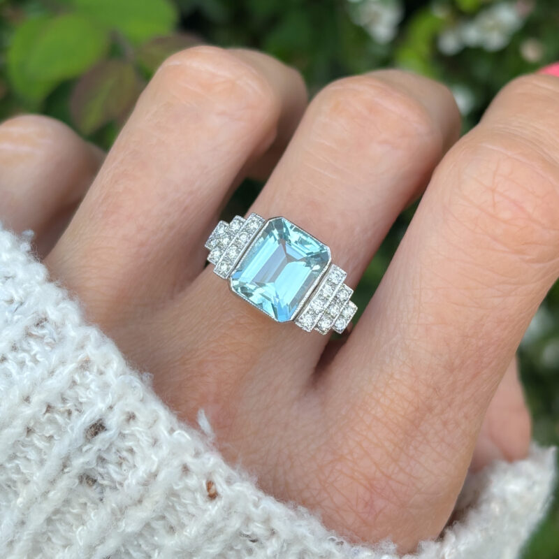 Art Deco style aquamarine and diamond statement ring for sale in Leeds, Yorkshire