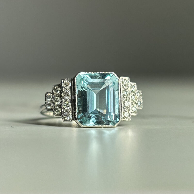 Art Deco style aquamarine and diamond statement ring for sale in Leeds, Yorkshire