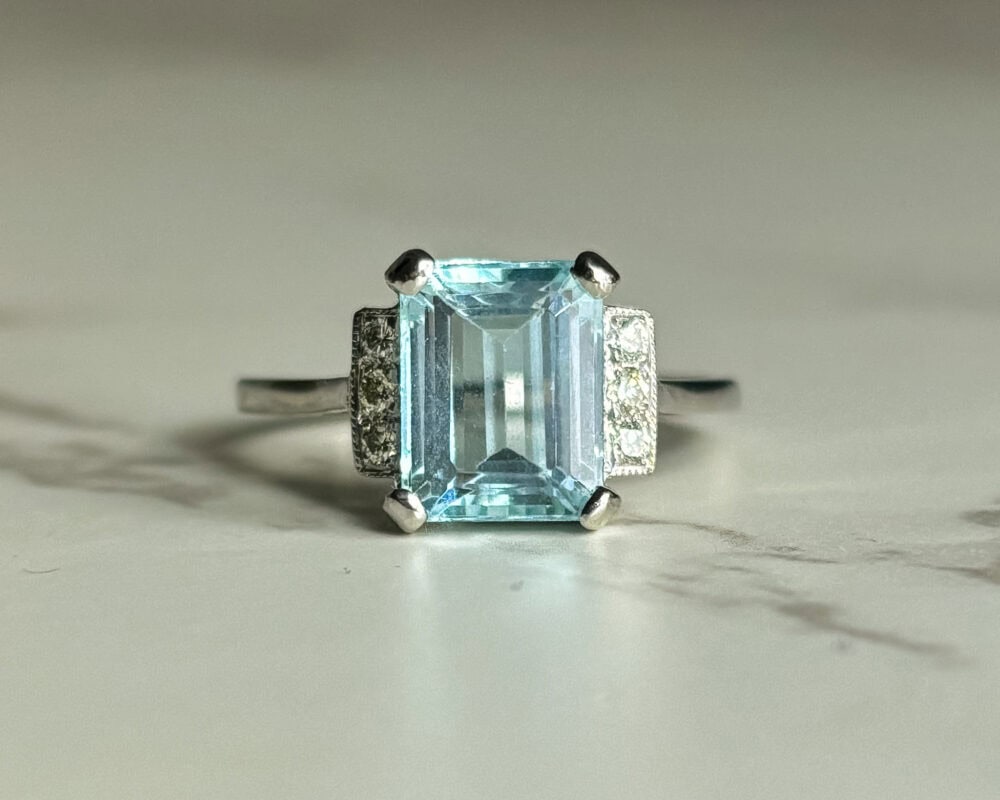 Art Deco style emerald cut aquamarine and diamond ring for sale in Leeds, Yorkshire