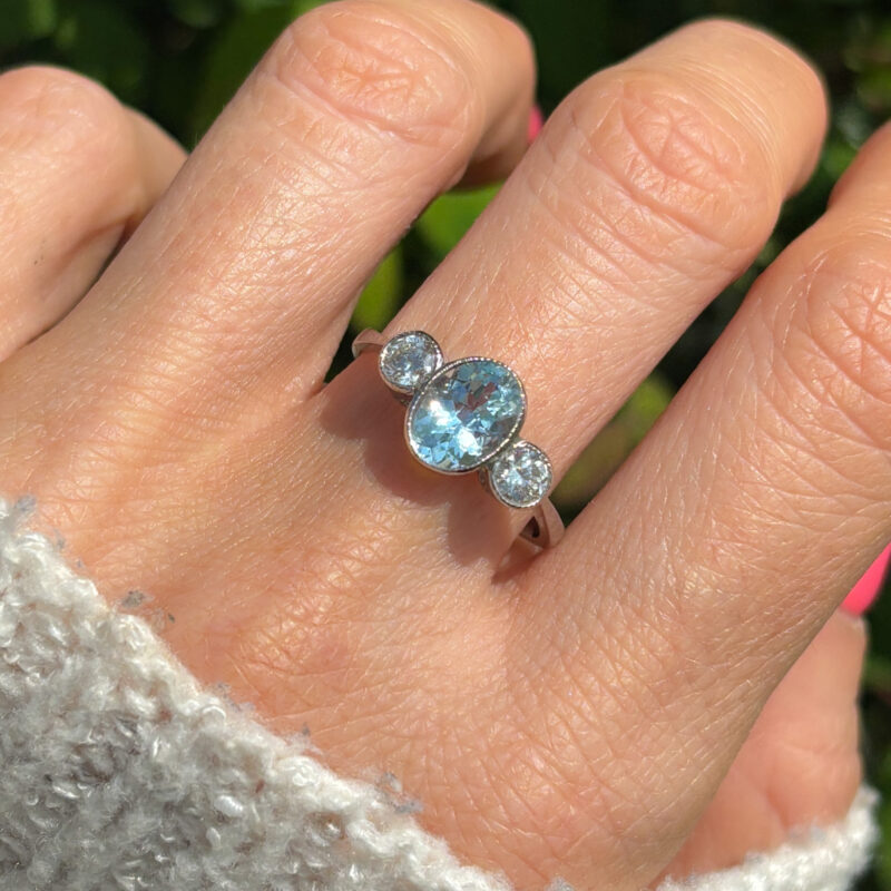 Art Deco style aquamarine and diamond three stone ring for sale in Leeds, Yorkshire