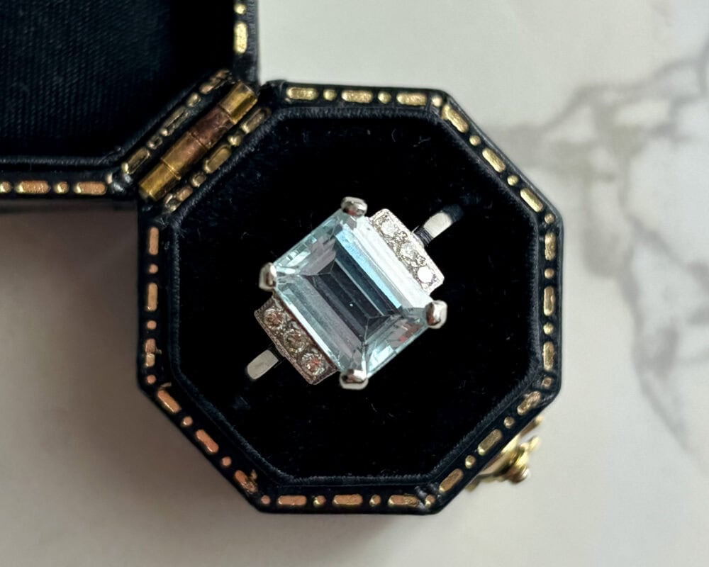 Art Deco style emerald cut aquamarine and diamond ring for sale in Leeds, Yorkshire