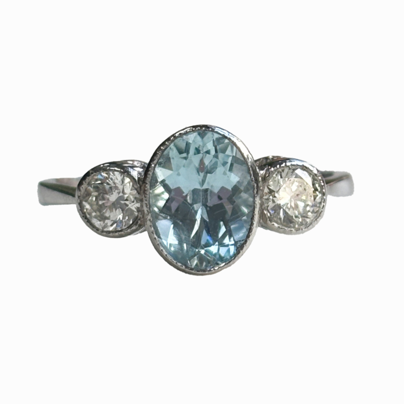 vintage style aquamarine and diamond three stone ring for sale in Leeds, Uk
