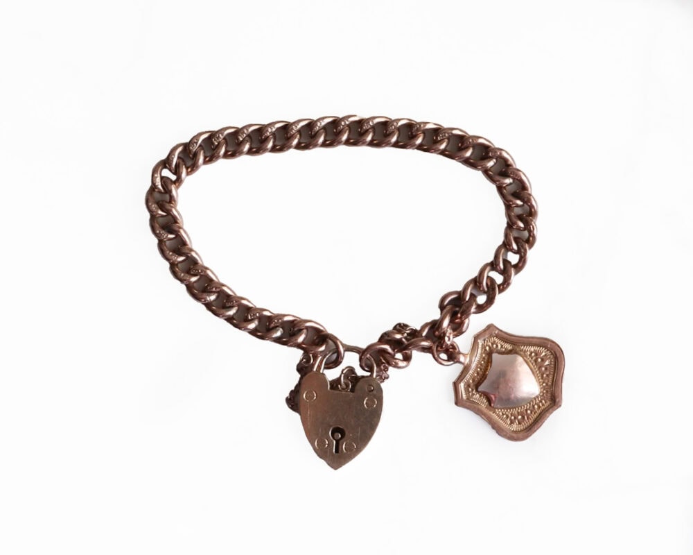 Antique Edwardian 9ct rose gold curb bracelet with shield charm for sale in Leeds, Yorkshire