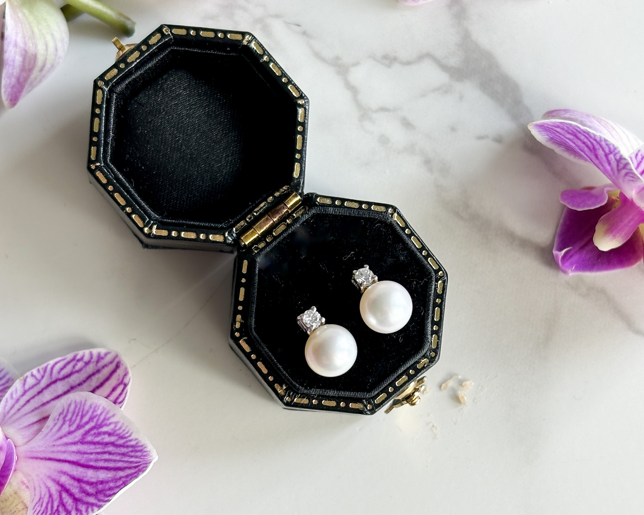 Antique style pearl and diamond stud earrings in 9ct white gold for sale in Leeds, Yorkshire