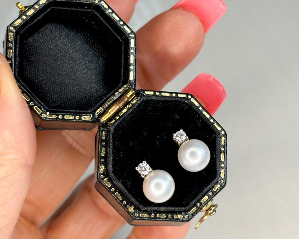 Antique style pearl and diamond stud earrings in 9ct white gold for sale in Leeds, Yorkshire